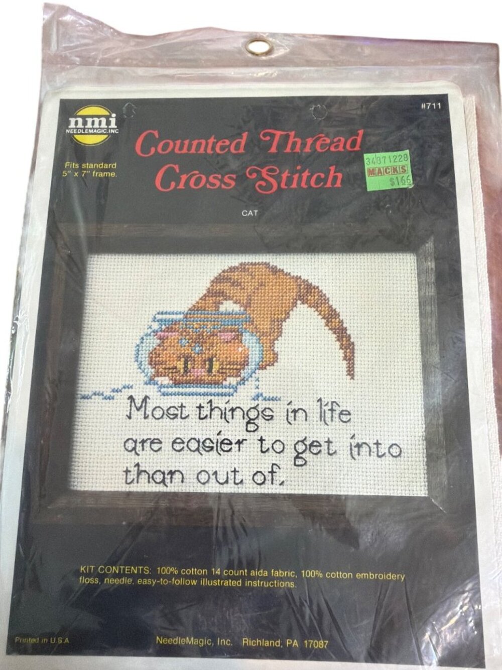 Vintage Needlemagic 771 Cross Stitch Kit Cat in Fishbowl USA 5 x 7 Tabby New
